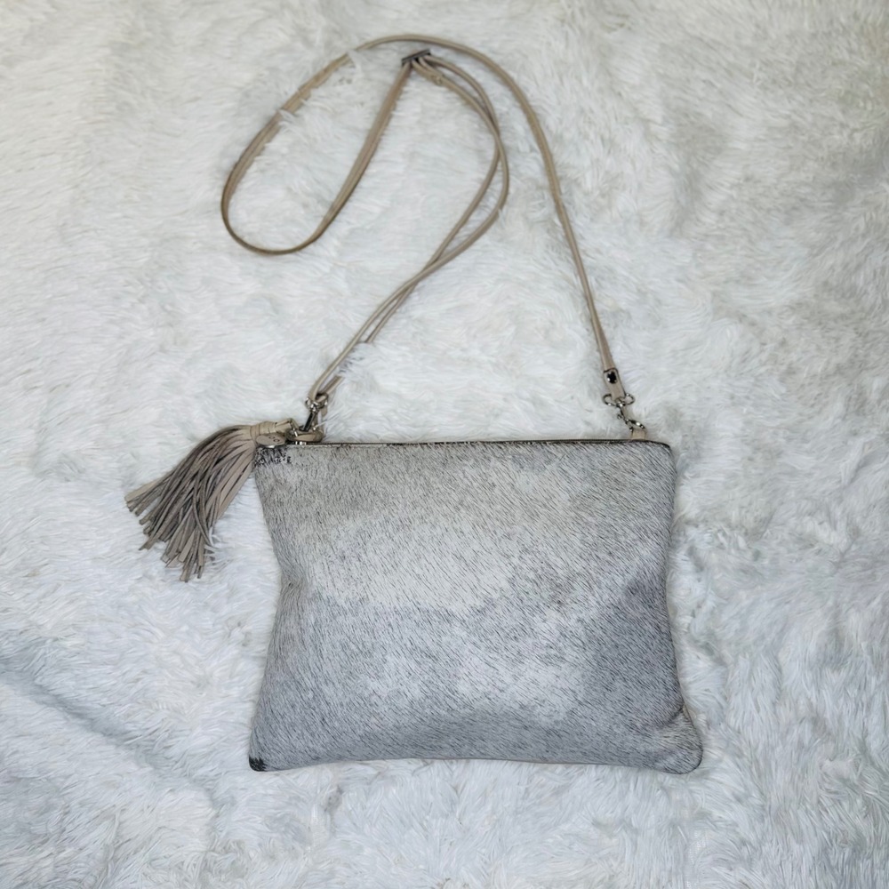 MOOI Silver Calfhair Beige Leather Crossbody‎ Bag Tassel Fringe